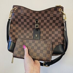 Louis Vuitton Brown Checkered Damier Ebene Odeon Women's Bag And Wallet Set